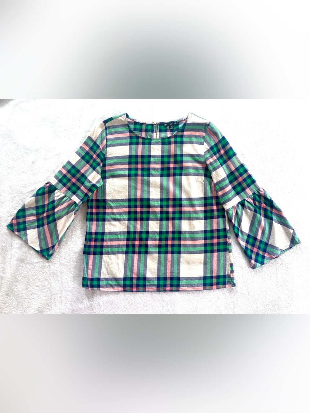 J. Crew Mercantile Plaid Flannel Bell Sleeve Shirt, Green Blue Pink, Size 6